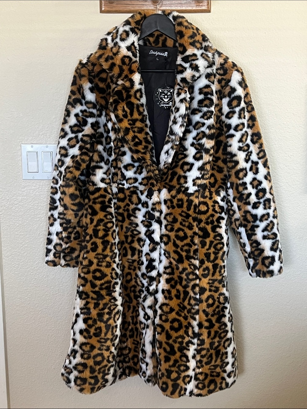 NWT Sourpuss Leopard Faux Fur Coat in Brown, Black & White